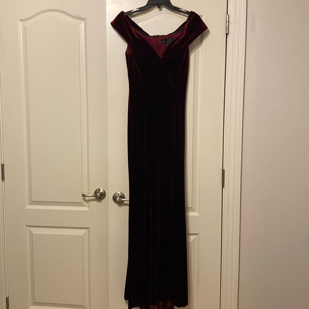 Full length velvet dress; off the shoulder with slit up the left leg